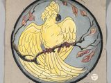 un tableau représentant un oiseau jaune perché sur une branche d'arbre