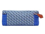 a close up of a blue and white purse on a white background