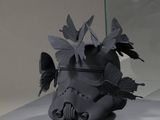 a sculpture of a stormtrooper helmet on display in a glass case