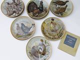 six assiettes sur lesquelles sont peints différents oiseaux, posées sur une table