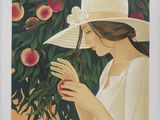 an image of a painting of a woman picking peachs from a tree