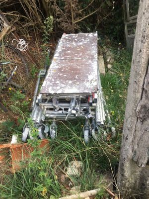un chariot en métal posé dans l'herbe
