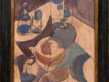 an image of a painting of a table with wine glasses and a pitcher
