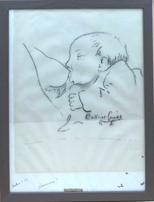 drawing of a baby with a spoon in its mouth