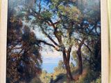 une peinture à l'huile représentant un sentier traversant une zone boisée, avec des arbres au premier plan