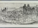 drawing of a castle in the middle of a field with trees