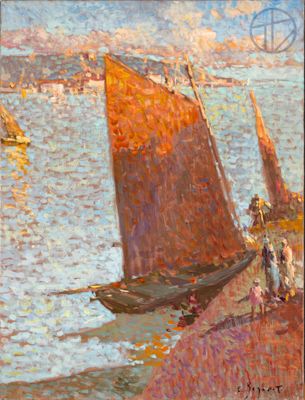 an oil painting of a sailboat on the water near a shore