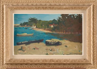 an oil painting of boats on a beach near a body of water