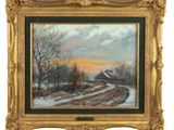 an oil painting of a snowy landscape with a house and trees