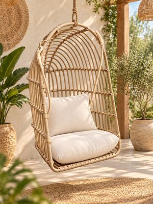une chaise suspendue en rotin sur une terrasse agrémentée de plantes et de plantes en pot