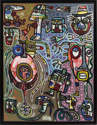a painting of a group of people standing around each other