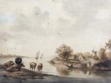 a painting of a man and two animals by a river