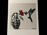 a picture of a hummingbird and a grenade with a flower in it