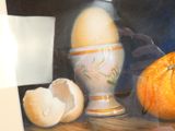 a painting of an egg and an orange sitting on a table