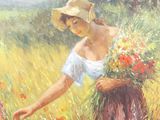 painting of a woman picking flowers in a field of tall grass