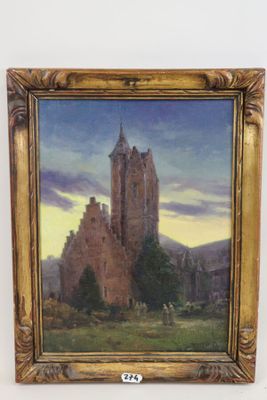 an oil painting of a castle in a field with a sky in the background