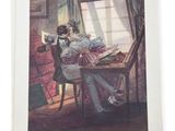 a painting of a woman sitting at a table reading a book