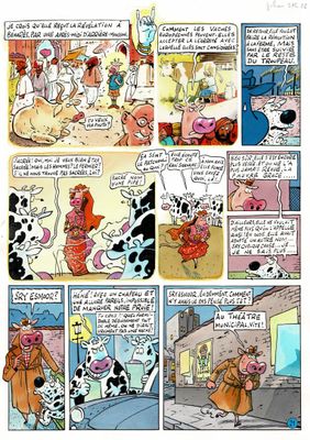 une image représentant une bande dessinée avec un dessin d'une vache et d'autres animaux