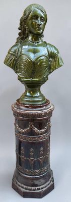 a bronze bust of a woman sitting on a pedestal