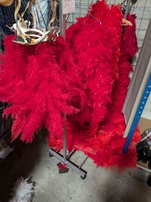 a red feathered dress hanging on a rack in a store