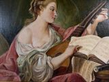 a painting of a woman holding a guitar and a book