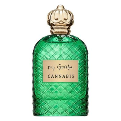 un flacon vert d'huile de cannabis muni d'un bouchon doré