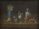 a painting of a still life with flowers and fruit on a table