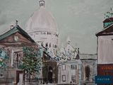 a painting of a street scene with a church in the background