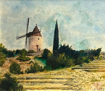 tableau représentant un moulin à vent situé sur une colline, avec des marches menant jusqu'à lui
