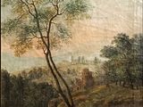 painting of a landscape with figures and a tree in the foreground
