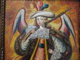 painting of an angel playing a flute and holding a sword
