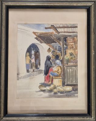 aquarelle encadrée représentant une scène de rue avec une femme vendant des marchandises