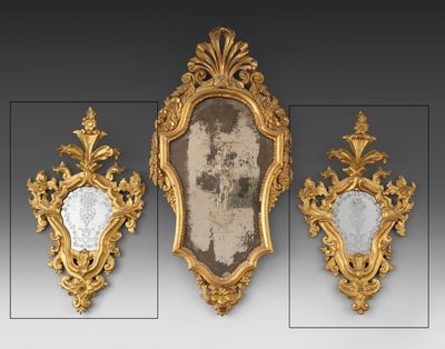 three different views of a gold framed mirror and a mirror on a wall