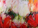 painting of red and white tulips in a vase on a table