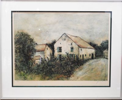 painting of a white house with a red roof and a white fence