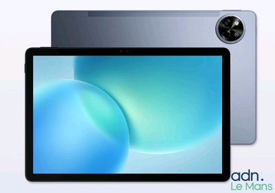 a tablet computer sitting on top of a table next to a blue ball