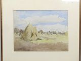 an image of a painting of hay in a field with trees in the background