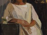 tableau représentant une femme en chemise blanche tenant une fleur