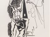 an image of a black and white drawing of a woman standing in front of a mirror