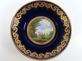a close up of a blue and gold plate with a painting on it