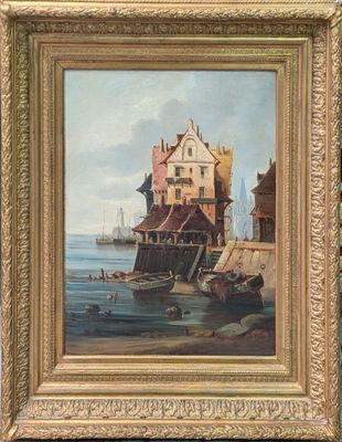 une peinture à l'huile d'une scène portuaire avec des bateaux dans l'eau