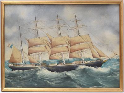 painting of a sailing ship in the ocean with a sky background