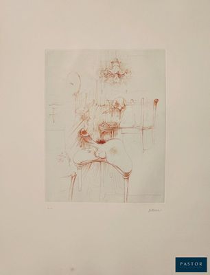 a drawing of a woman sitting at a table