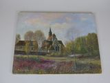 an oil painting of a church in a field with a sky background