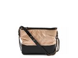a black and beige purse with a chain strap
