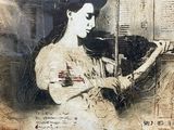 painting of a woman playing a violin in front of a group of men