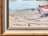 a painting of a boat on the beach by the water