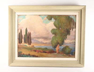 a picture of a painting of a landscape with trees