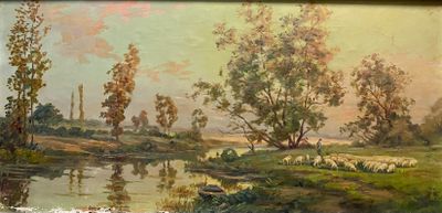 une photo d'un tableau représentant une rivière et des arbres