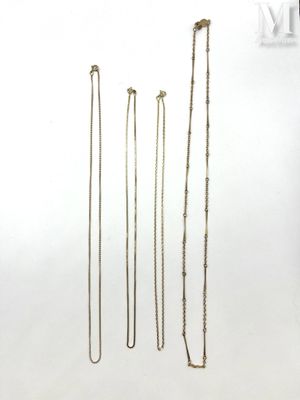 a group of four gold necklaces on a white background